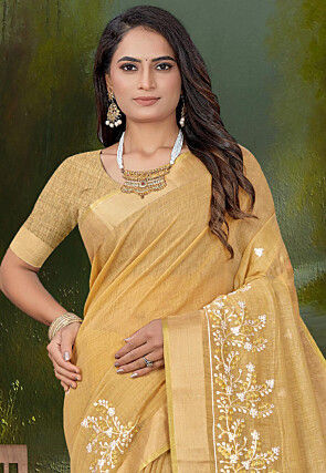 Embroidered Cotton Saree in Beige