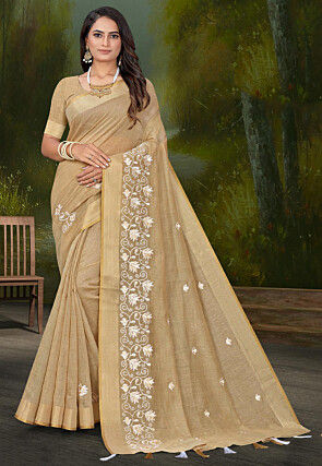 Embroidered Cotton Saree in Beige