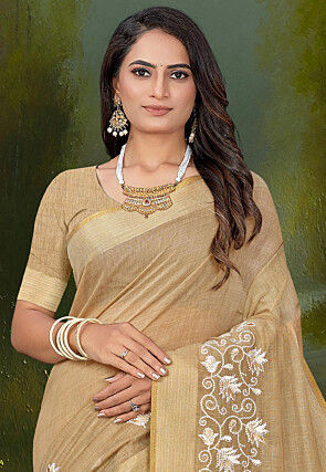 Embroidered Cotton Saree in Beige