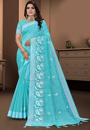 Embroidered Cotton Saree in Blue