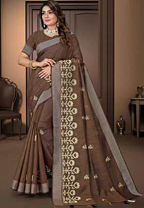 Embroidered Cotton Saree in Brown