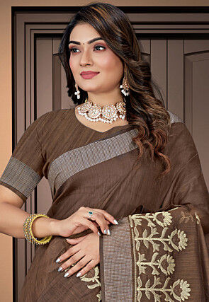 Embroidered Cotton Saree in Brown