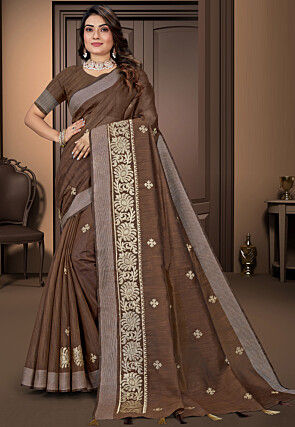 Embroidered Cotton Saree in Brown