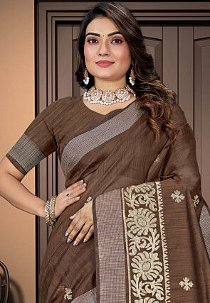 Embroidered Cotton Saree in Brown