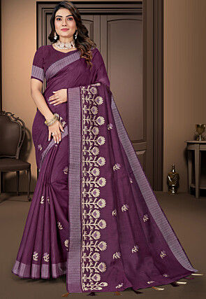 Embroidered Cotton Saree in Dark Purple