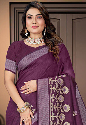 Embroidered Cotton Saree in Dark Purple