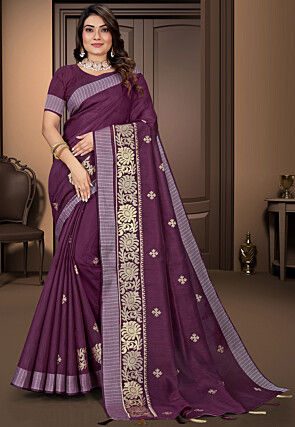 Embroidered Cotton Saree in Dark Purple