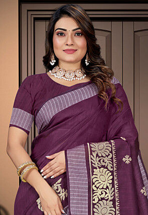 Embroidered Cotton Saree in Dark Purple