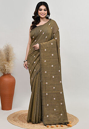 Embroidered Cotton Saree in Dusty Green