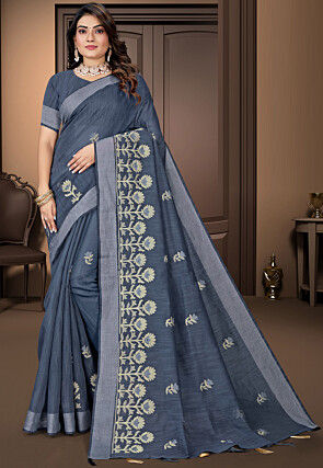Embroidered Cotton Saree in Grey