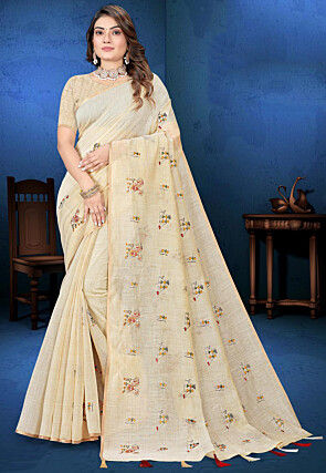 Embroidered Cotton Saree in Light Beige