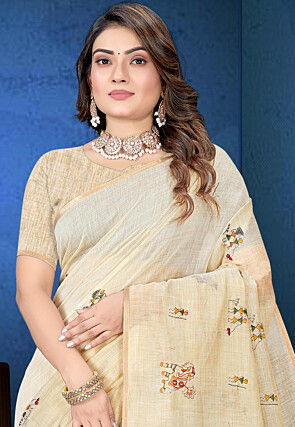 Embroidered Cotton Saree in Light Beige