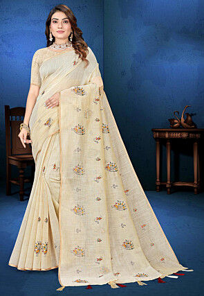 Embroidered Cotton Saree in Light Beige