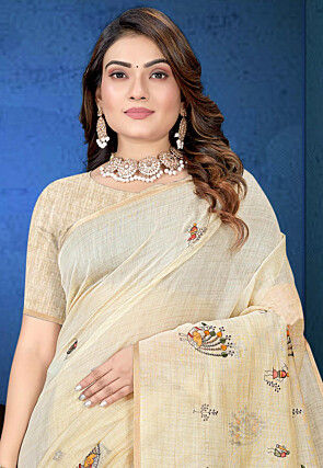Embroidered Cotton Saree in Light Beige