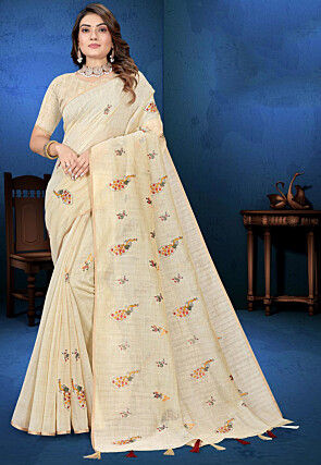 Embroidered Cotton Saree in Light Beige
