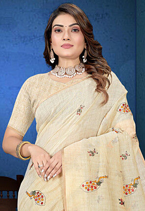 Embroidered Cotton Saree in Light Beige