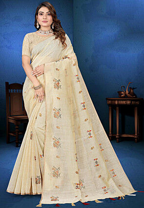 Embroidered Cotton Saree in Light Beige