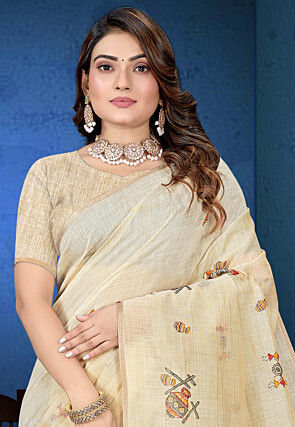 Embroidered Cotton Saree in Light Beige
