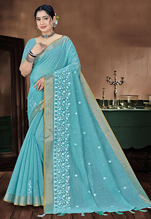 Embroidered Cotton Saree in Light Blue