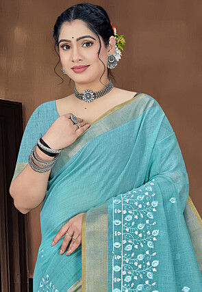 Embroidered Cotton Saree in Light Blue