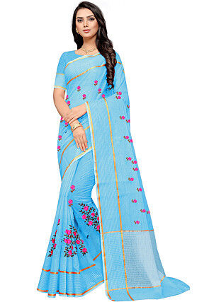 Embroidered Cotton Saree in Light Blue