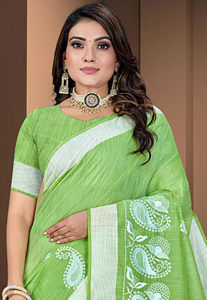 Embroidered Cotton Saree in Light Green