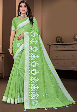 Embroidered Cotton Saree in Light Green