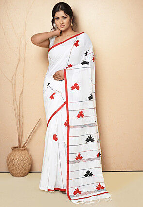 Embroidered Cotton Saree in Off White