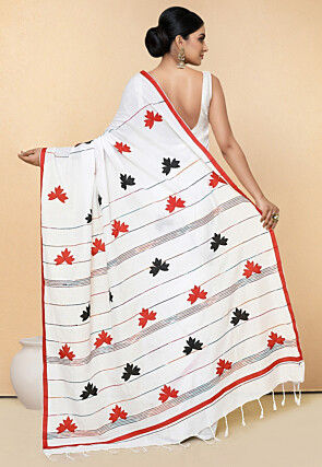 Embroidered Cotton Saree in Off White