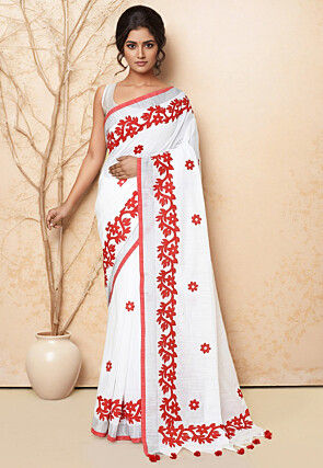Embroidered Cotton Saree in Off White