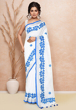Embroidered Cotton Saree in Off White