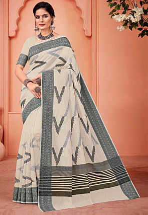 Embroidered Cotton Saree in Off White