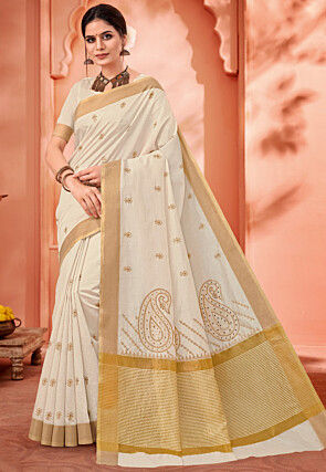 Embroidered Cotton Saree in Off White