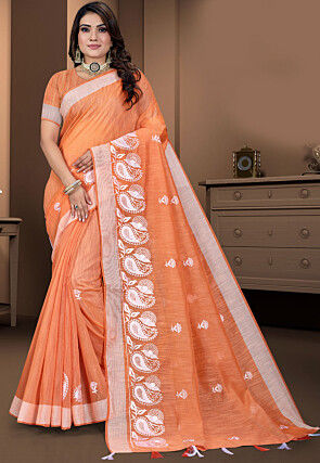 Embroidered Cotton Saree in Orange