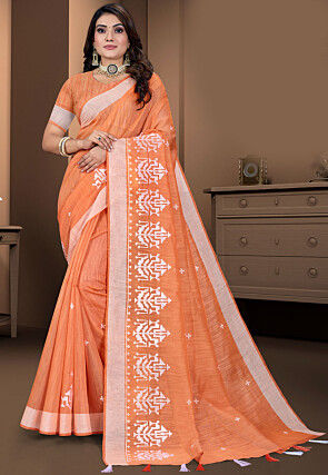 Embroidered Cotton Saree in Orange