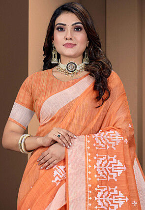 Embroidered Cotton Saree in Orange