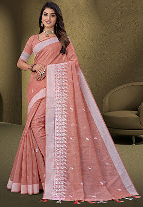 Embroidered Cotton Saree in Peach