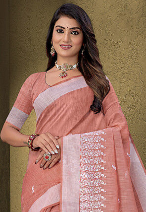 Embroidered Cotton Saree in Peach