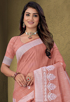 Embroidered Cotton Saree in Peach