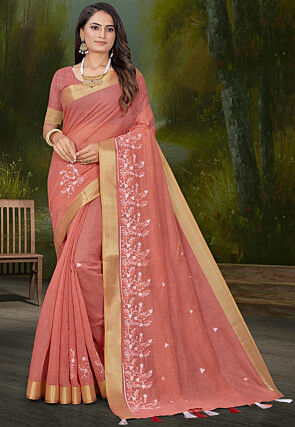 Embroidered Cotton Saree in Peach