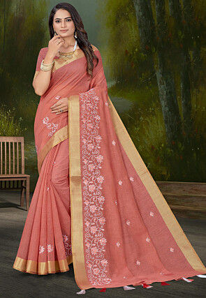 Embroidered Cotton Saree in Peach
