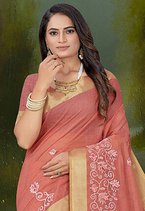 Embroidered Cotton Saree in Peach