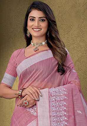 Embroidered Cotton Saree in Pink