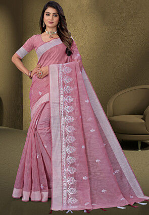 Embroidered Cotton Saree in Pink