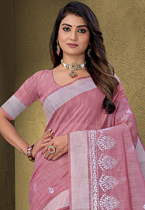 Embroidered Cotton Saree in Pink