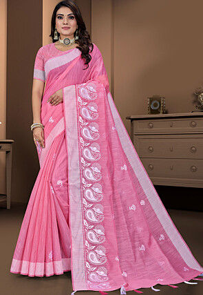 Embroidered Cotton Saree in Pink
