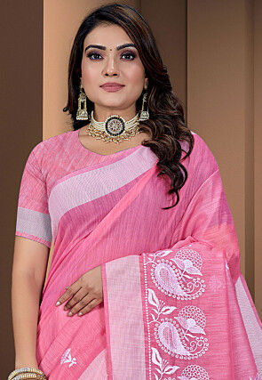 Embroidered Cotton Saree in Pink