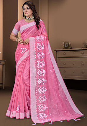 Embroidered Cotton Saree in Pink