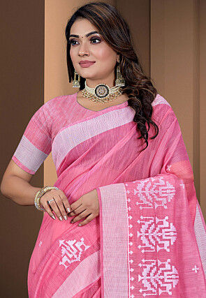 Embroidered Cotton Saree in Pink