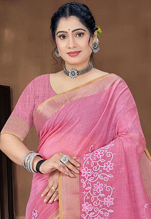 Embroidered Cotton Saree in Pink